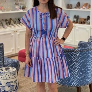 Oliphant Striped  Dress Tie Sides Size XS Purple Blue Pink Tassel